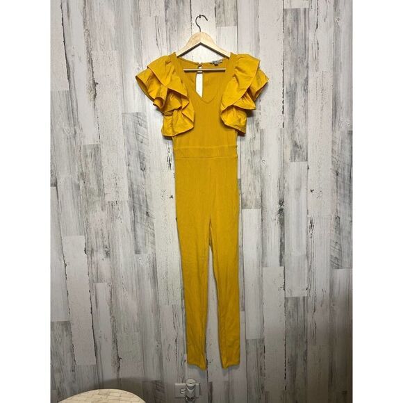 Haute Monde Pants - Haute Monde Mustard Yellow Ruffle Sleeve Jumpsuit | Women’s Small | Stretchy Rib